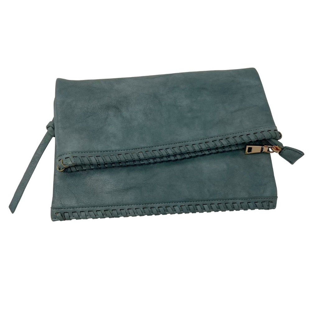 Moda Luxe Teal Foldover Clutch Crossbody Bag PU Leather Braided Trim